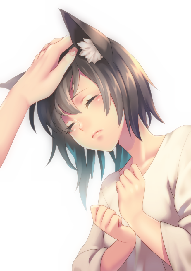 1girl, animal_ears, black_hair, blush, bust, cat_ears, closed_eyes, hand_on_another's_head
