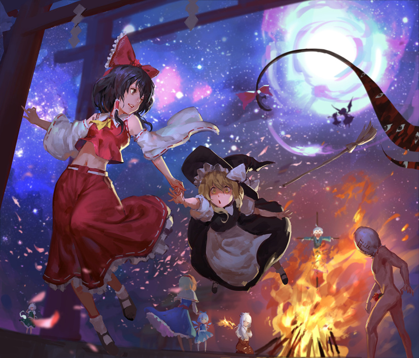 2boys, 6+girls, alice_margatroid, black_hair, blonde_hair, blue_hair, broom, brown_eyes, burning_at_the_stake, cancer_(zjcconan), cirno, detached_sleeves, fire, flandre_scarlet, fujiwara_no_mokou, gap, glasses, hair_ribbon, hairband, hakurei_reimu, hat, japanese_clothes, kirisame_marisa, konpaku_youmu, konpaku_youmu_(ghost), miko, morichika_rinnosuke, multiple_boys, multiple_girls, open_mouth, remilia_scarlet, ribbon, silver_hair, sin_sack, torii, touhou, white_hair, wide_sleeves, wings, witch_hat, yellow_eyes