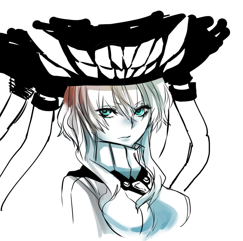 1girl, aqua_eyes, bodysuit, breasts, bust, expressionless, hat, highres