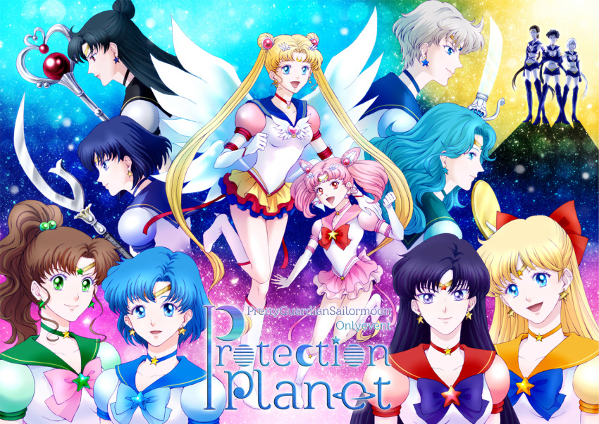 6+girls, :d, aino_minako, aqua_hair, bishoujo_senshi_sailor_moon, black_hair, blonde_hair, blue_eyes