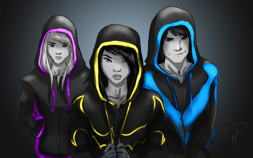 1boy, 2girls, batgirl, batman_(series), black_bat, cassandra_cain, dc_comics, dick_grayson