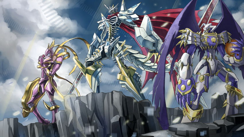 armor, cape, claws, cliff, clothes, clouds, digimon, dk_(13855103534), dual_wielding, dynasmon, flower, head_wings, highres, horn, horns, jesmon, lordknightmon, multiple_swords, no_humans, red_eyes, rose, sash, shield, sky, spikes, sunlight, sword, tail, torn_wings, weapon, wings