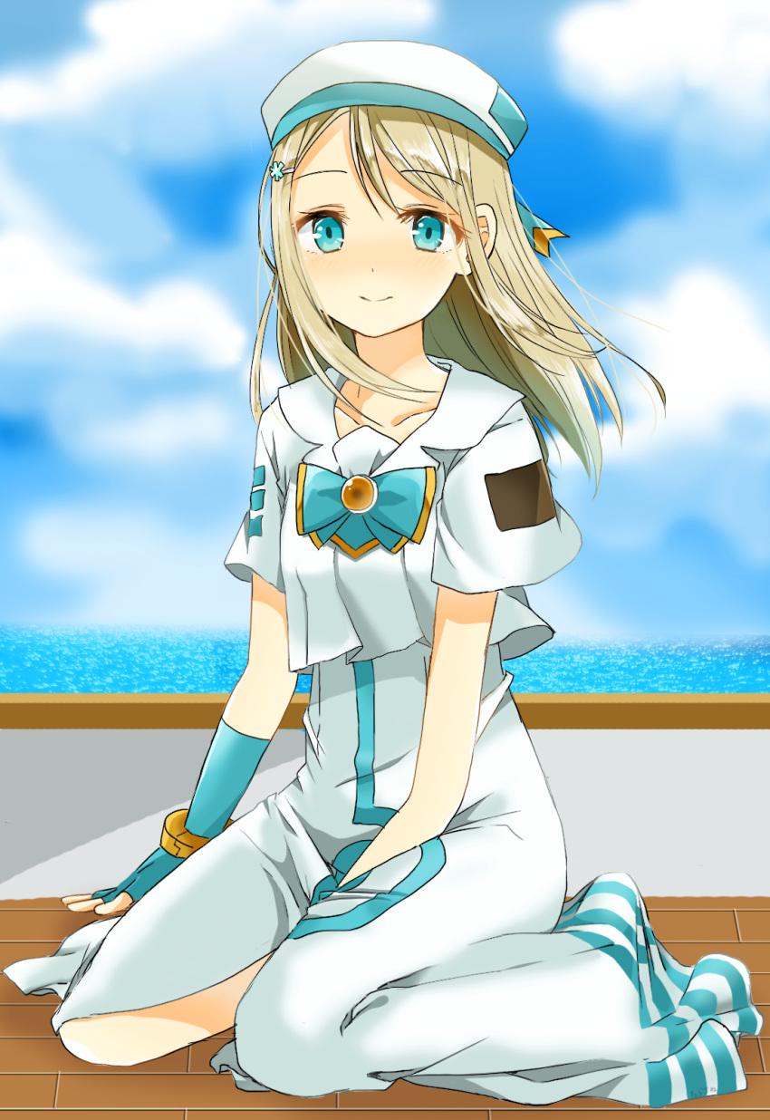1girl, aria, ayase_arisa, blonde_hair, blue_eyes, blush, boat, clouds