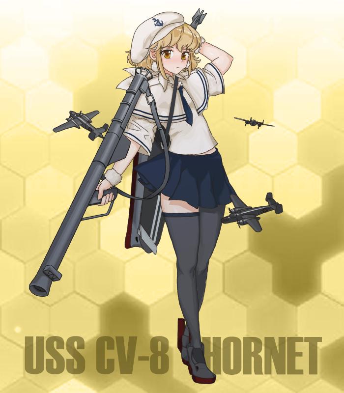 1girl, airplane, america, arm_up, asymmetrical_legwear, b-25, bazooka, black_legwear