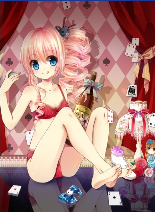 1girl, :q, bare_legs, barefoot, blue_eyes, bottle, bra, card