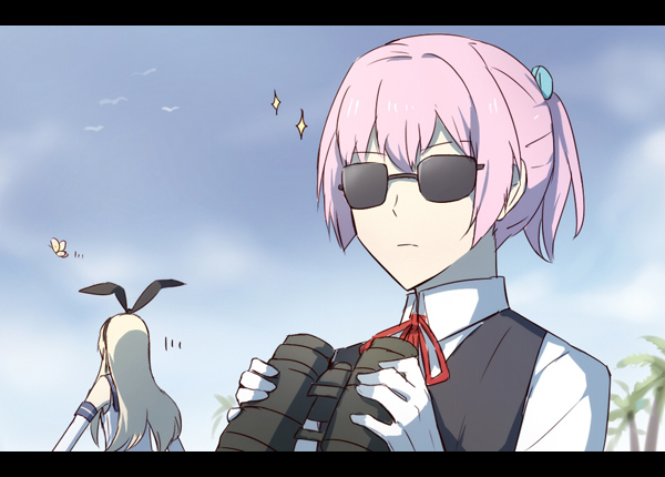 2girls, binoculars, blonde_hair, butterfly, elbow_gloves, gloves, hair_ribbon, kantai_collection