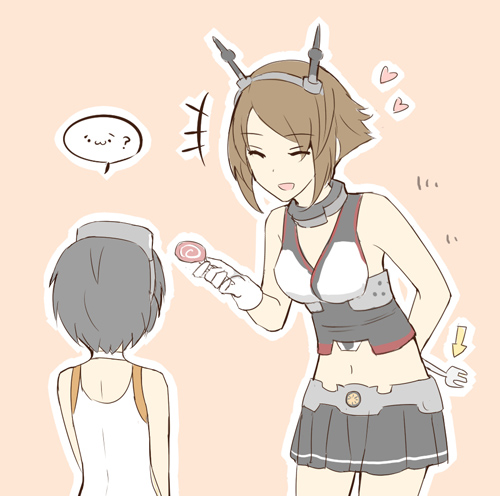 2girls, arm_behind_back, black_hair, brown_hair, candy, closed_eyes, directional_arrow, fork
