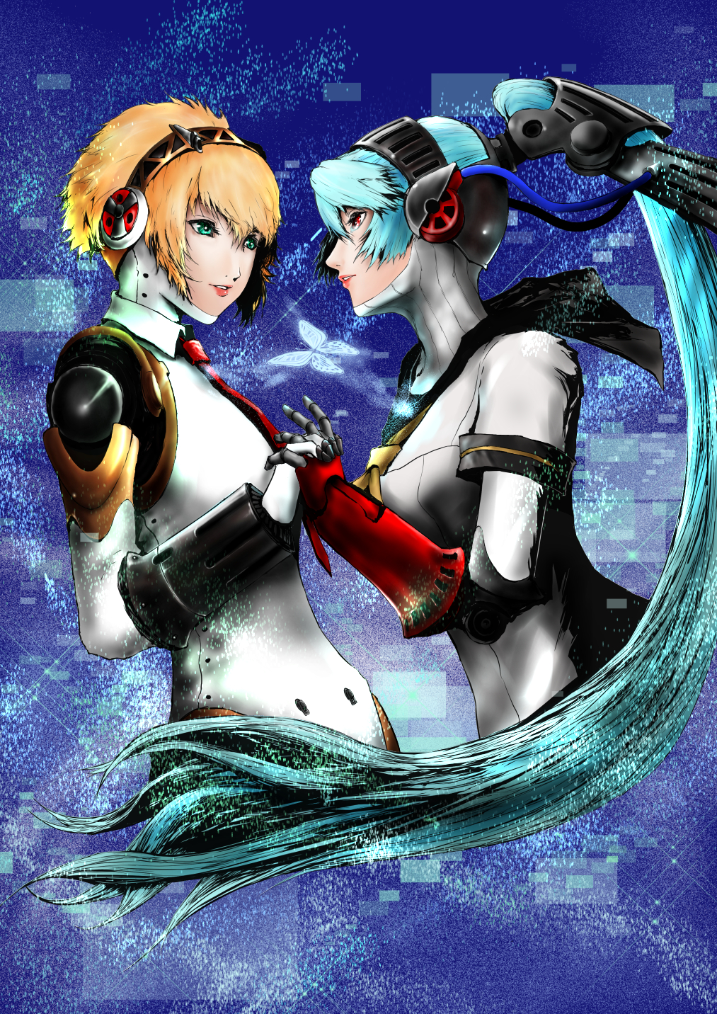 2girls, aegis, aegis_(persona), android, blonde_hair, blue_hair, highres, labrys