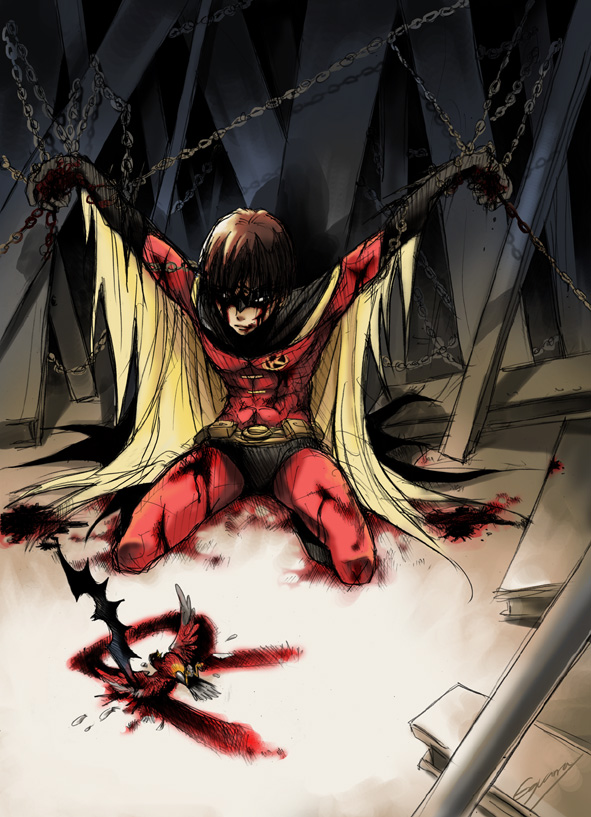 1boy, batman_(series), bodysuit, chained, dc_comics, eguana, injury, kneeling