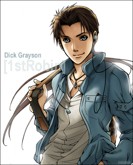 1boy, backpack, batman_(series), blue_eyes, character_name, dc_comics, denim_jacket, dick_grayson