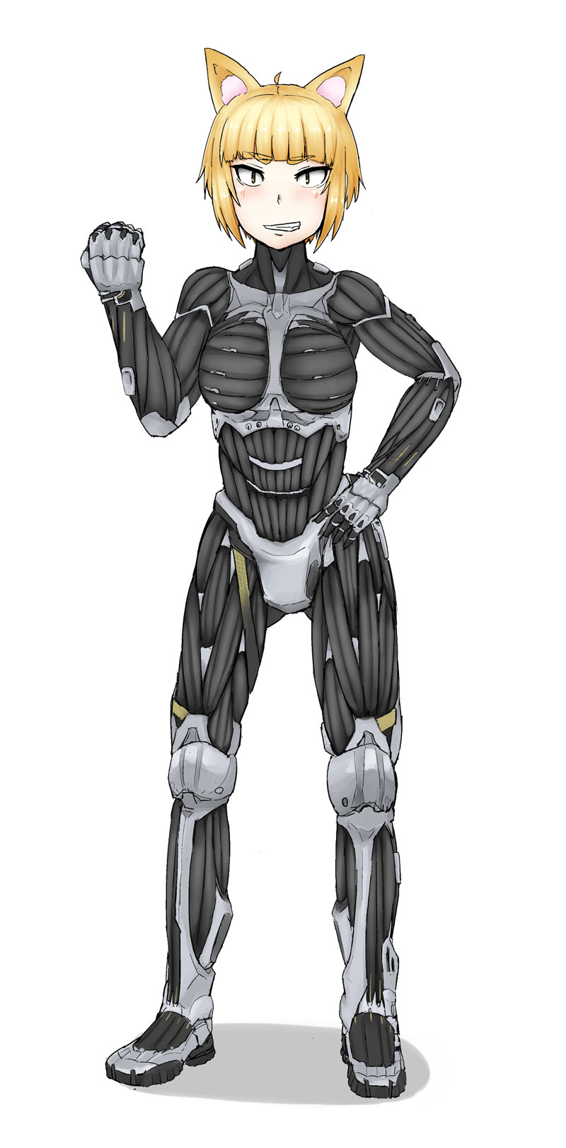 1girl, animal_ears, blonde_hair, cat_ears, crysis, grin, guruto, highres, kuraishi_tanpopo, power_armor, smile, white_background, witch_craft_works