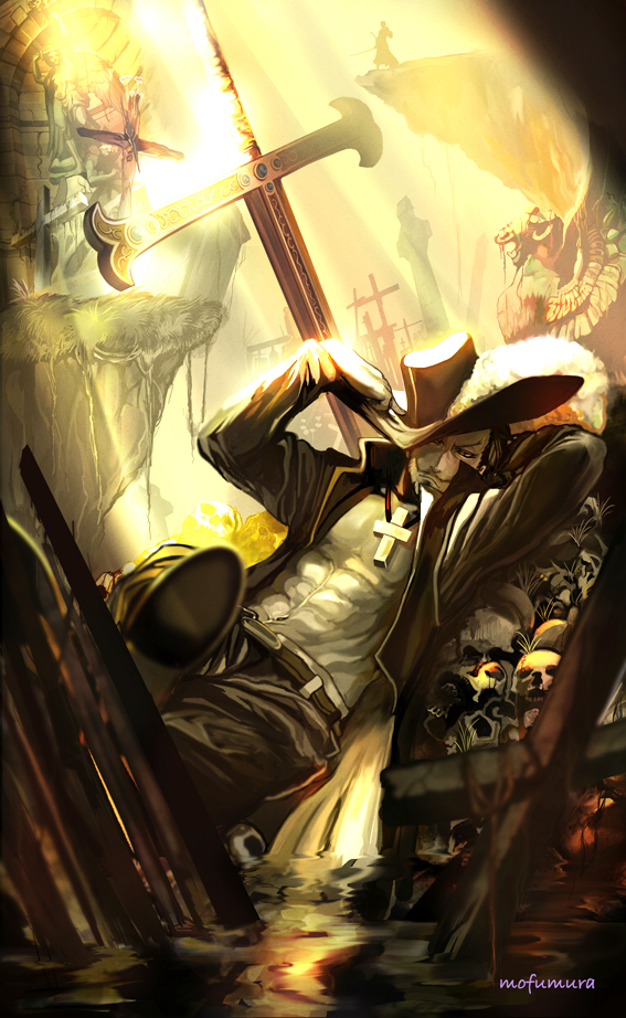 1boy, black_hair, dracule_mihawk, facial_hair, hand_on_hat, hat, male, mofumura, one_piece, roronoa_zoro, short_hair, skull, solo, sword, weapon