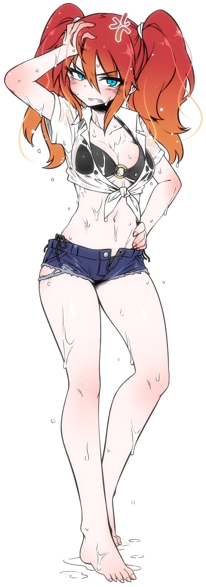 1girl, anger_vein, aqua_eyes, arm_up, bare_legs, barefoot, bikini_top, chankodining_waka