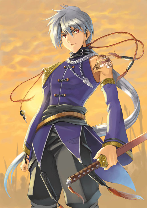 detached_sleeves, fantasy, katana, long_hair, male, original, ponytail, red_eyes