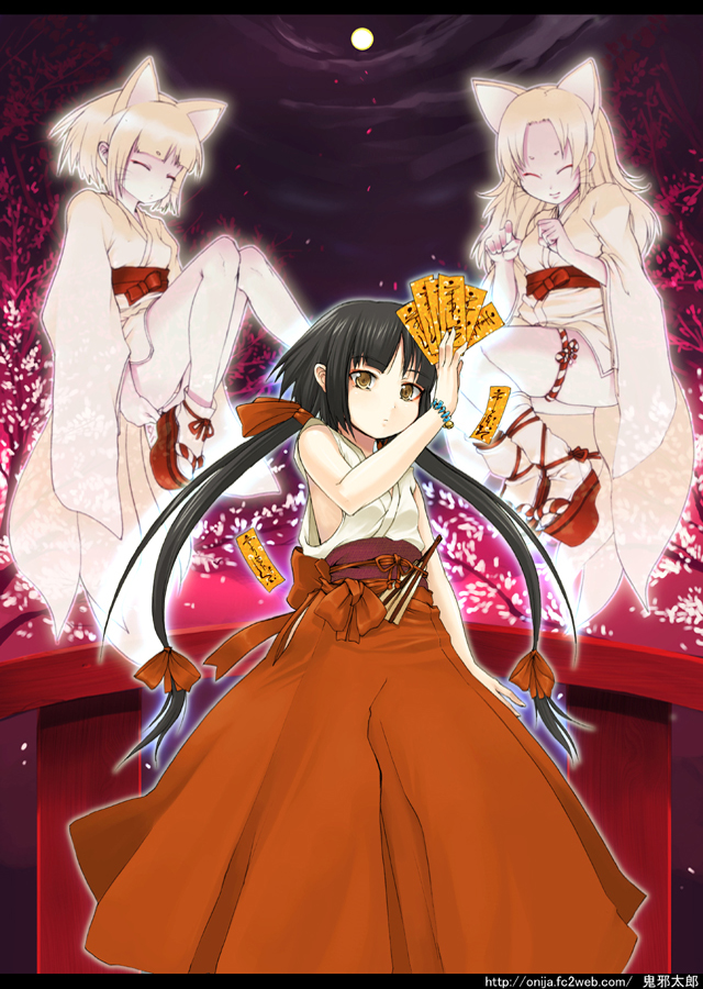 black_hair, blonde_hair, bow, cat_ears, foxgirl, genom, japanese_clothes, kimono