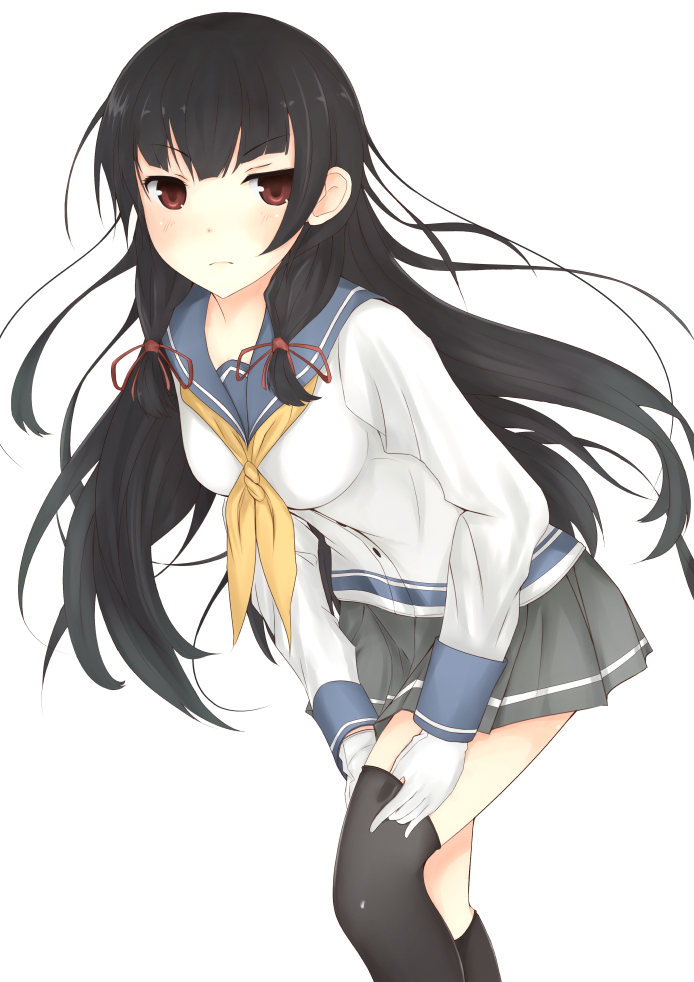 1girl, adjusting_clothes, adjusting_legwear, black_hair, black_legwear, breasts, brown_eyes, gloves