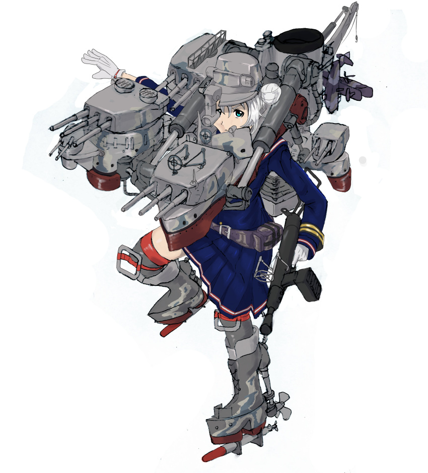 1girl, absurdres, belt, blue_dress, blue_eyes, boots, cross-laced_footwear, dress, full_body, gloves, grey_legwear, gun, hat, highres, hms_nelson, holding, kantai_collection, kneehighs, long_sleeves, machinery, military, military_uniform, original, outstretched_arm, short_hair, simple_background, solo, torpedo, turret, uniform, walkure_(w-alkur-e), weapon, white_background, white_gloves, white_hair