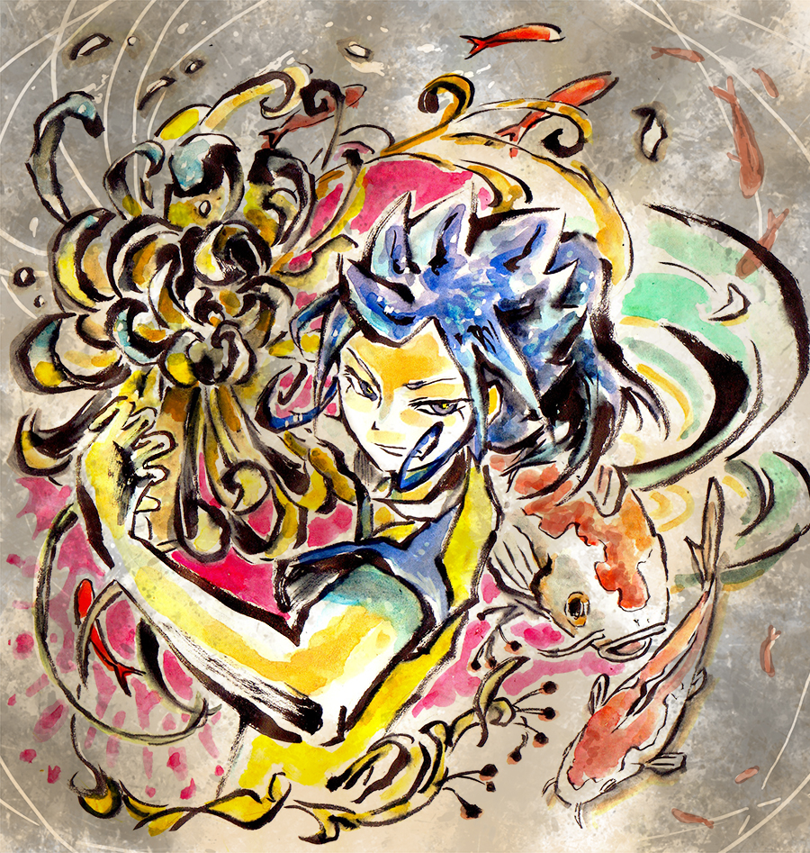 1boy, blue_hair, bust, calligraphy_pen_(medium), chrysanthemum, fish, flower, hotathino, inazuma_eleven_(series), inazuma_eleven_go, inazuma_eleven_go_chrono_stone, kiku_ichimonji, koi, male, raimon, soccer_uniform, solo, sportswear, traditional_media, tsurugi_kyousuke, watercolor_(medium)