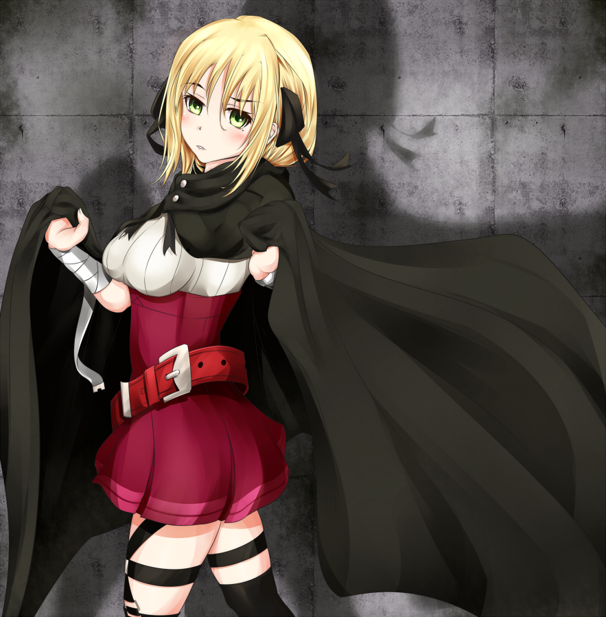 1girl, bandaged_arm, bandages, blonde_hair, breasts, cloak, estelle_rosenthal, green_eyes