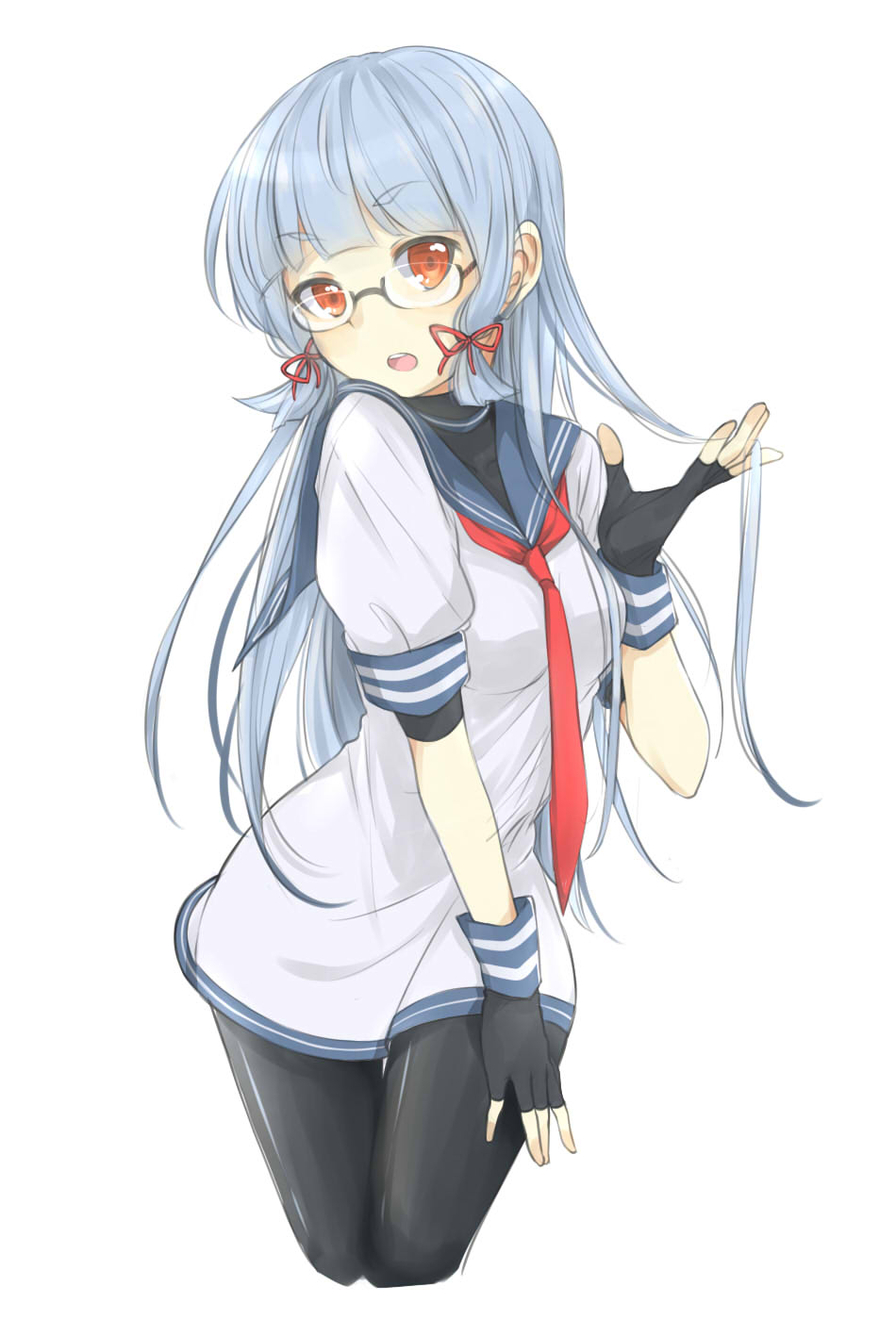 1girl, aqua_hair, bangs, bespectacled, black-framed_glasses, black_gloves, black_legwear, blunt_bangs