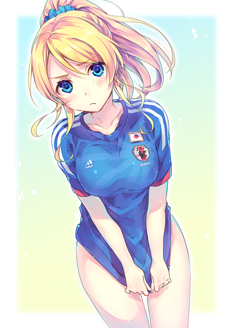 1girl, 2014_fifa_world_cup, :<, adidas, ayase_eli, blonde_hair, blue_eyes, blush
