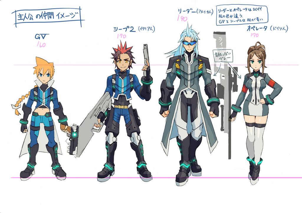 1girl, 3boys, artist_request, asimov_(gunvolt), azure_striker_gunvolt, black_hair, blonde_hair, blue_hair