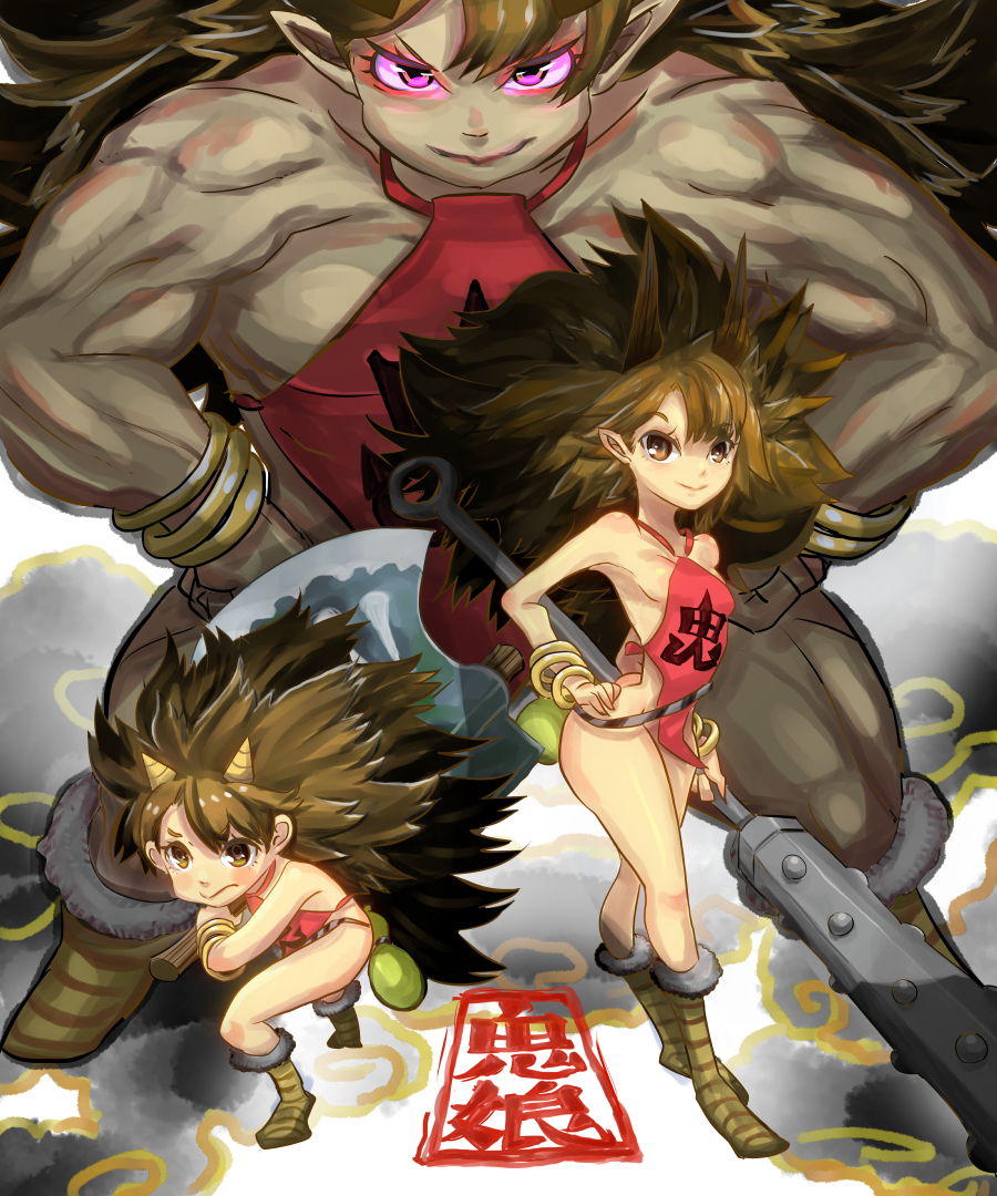axe, boots, bracelet, breasts, brown_eyes, brown_hair, du_dou, flat_chest