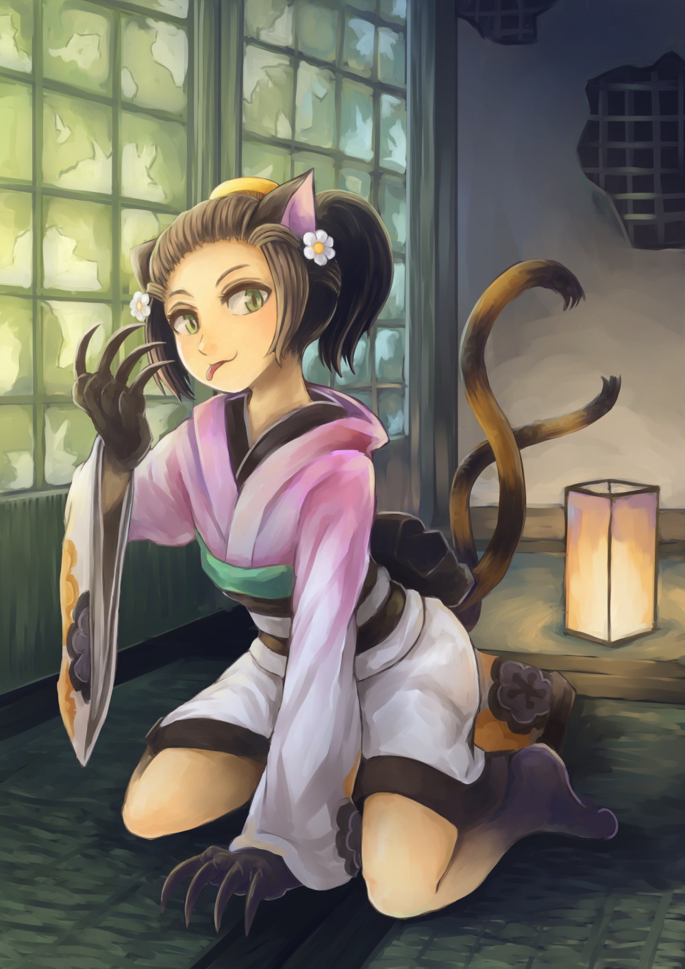 1girl, animal_ears, animal_hand, brown_hair, cat_ears, cat_tail, claws, flower