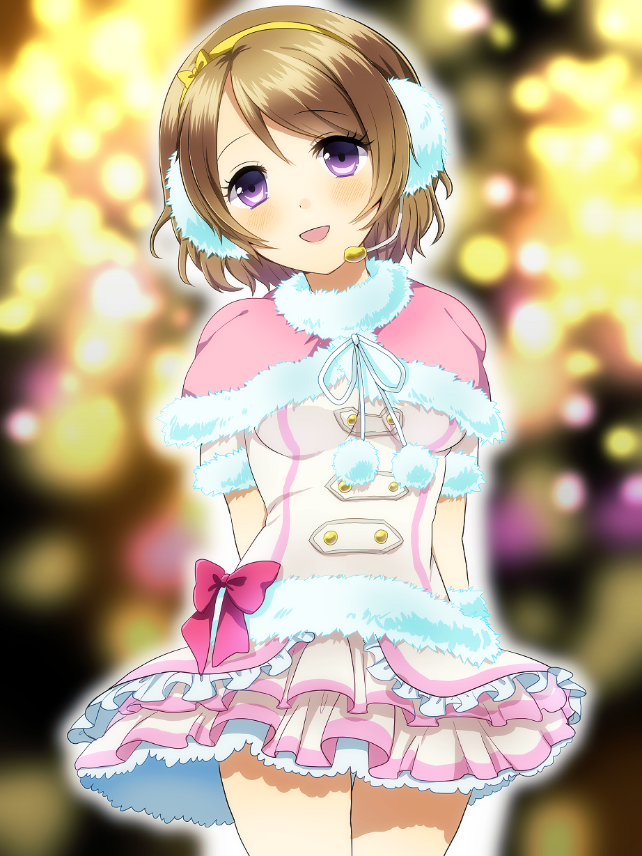 1girl, bow, breasts, brown_hair, earmuffs, headset, highres, koizumi_hanayo