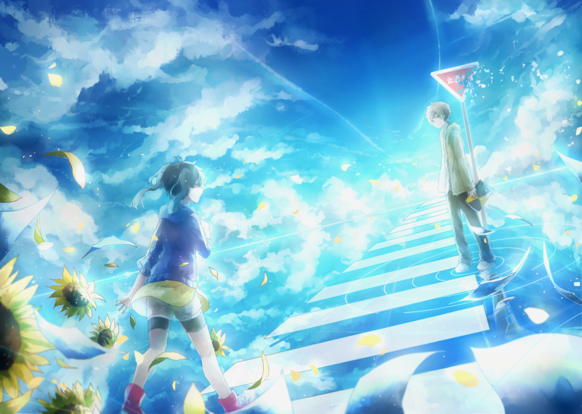 1boy, 1girl, black_hair, crosswalk, domik, enomoto_takane, flower, highres