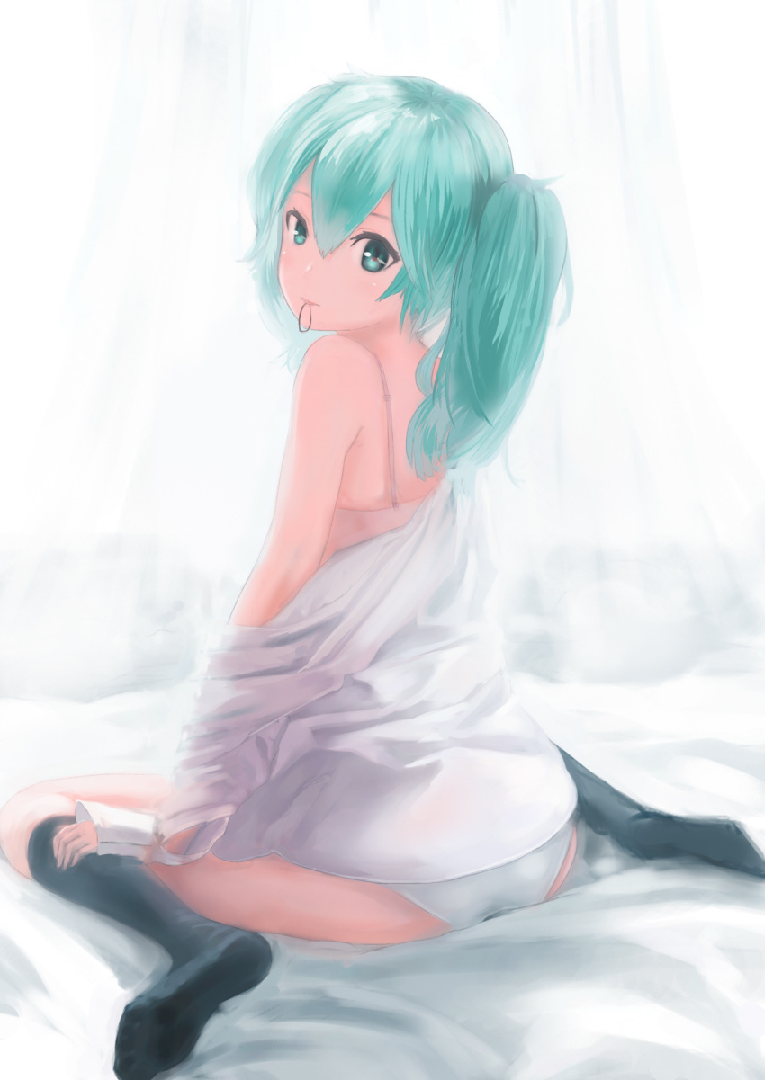 1girl, aqua_eyes, aqua_hair, bra, hatsune_miku, highres, kneehighs, looking_back