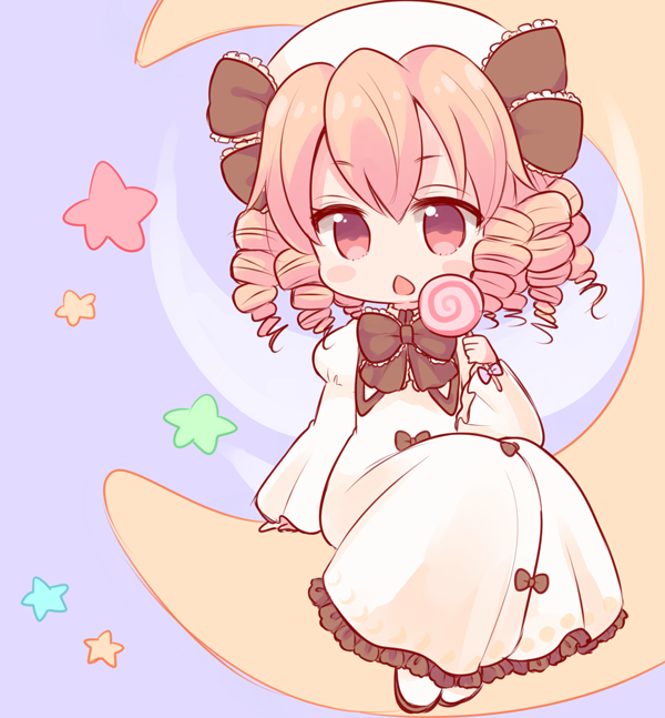 1girl, blonde_hair, blush_stickers, bow, candy, crescent, deformed, drill_hair