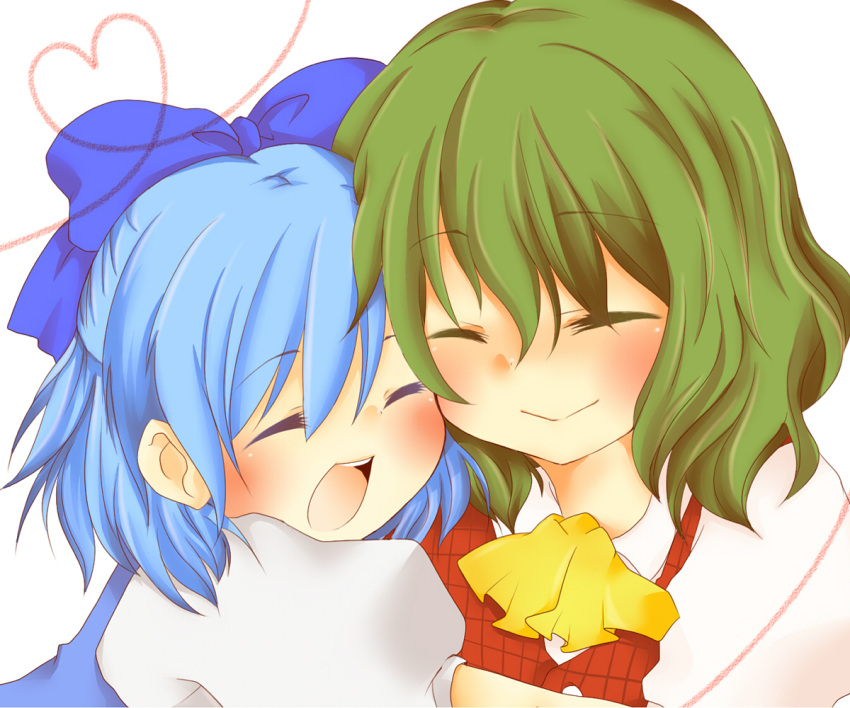 ascot, blue_hair, blush, cheek_to_cheek, cirno, closed_eyes, green_hair, hair_ribbon