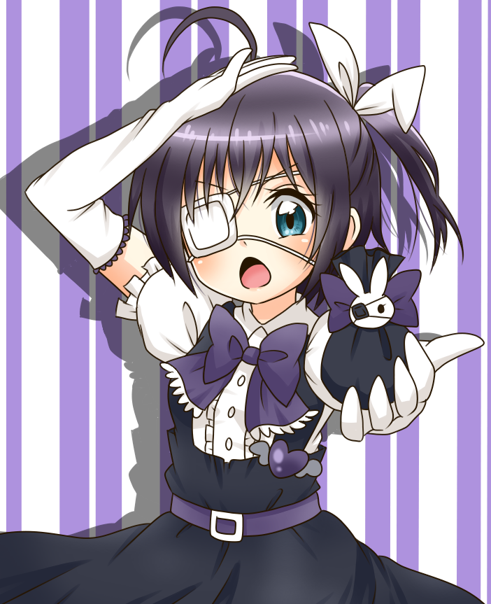 1girl, asuka_(ganboriyo), bag, black_hair, blue_eyes, chuunibyou_demo_koi_ga_shitai!, dress, eyepatch, gloves, short_hair, side_ponytail, takanashi_rikka