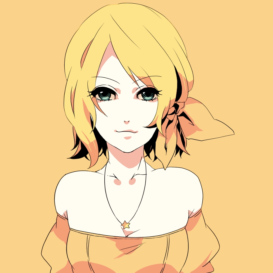 bad_id, bare_shoulders, blonde_hair, bust, face, hair_ribbon, jewelry, kagamine_rin