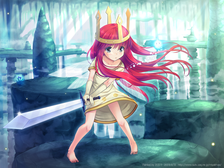 1girl, child_of_light_(game), crown, dress, long_hair, miyai_max, princess_aurora, redhead