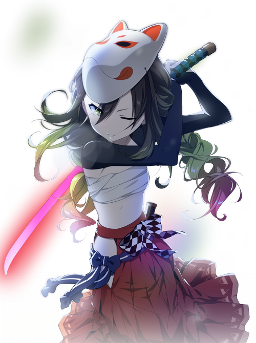 1girl, ayakashi_onmyouroku, black_hair, blue_bow, bridal_gauntlets, checkered, checkered_bow, dojigiri_(ayakashi), fog, fox_mask, gradient_hair, green_eyes, green_hair, hakama, hakama_skirt, holding_sword, holding_weapon, japanese_clothes, katana, light_smile, mask, mask_on_head, midriff, multicolored_hair, official_art, one_eye_closed, open_mouth, pale_skin, pink_hair, red_skirt, sama, sarashi, skirt, solo, sword, transparent_background, weapon