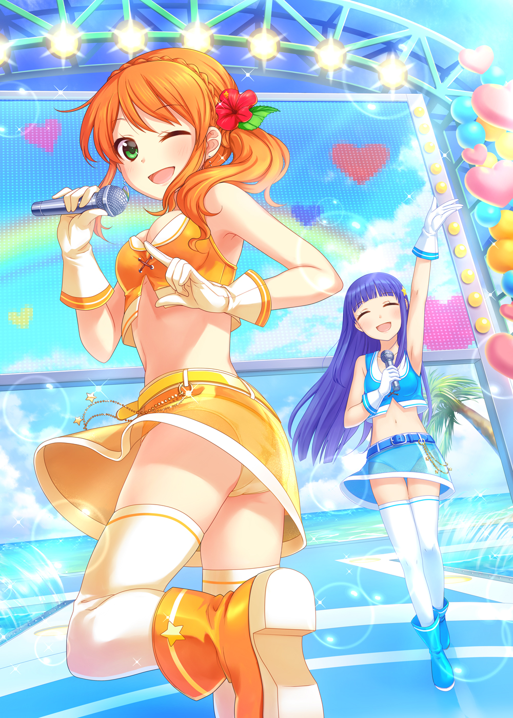 2girls, ;d, aikatsu!, blue_hair, breasts, brown_hair, chika_(orange_pop), cleavage, flower, flower_on_head, gloves, green_eyes, hair_ornament, highres, himuro_asami, holding, long_hair, microphone, multiple_girls, navel, one_eye_closed, open_mouth, panties, see-through_silhouette, smile, tachibana_michelle, underwear, white_gloves