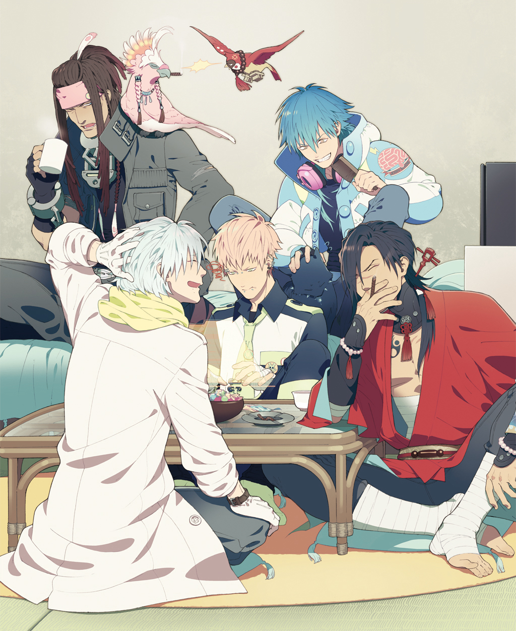 5boys, annoyed, ashtray, bandages, beni_(dramatical_murder), bird, black_hair, blonde_hair