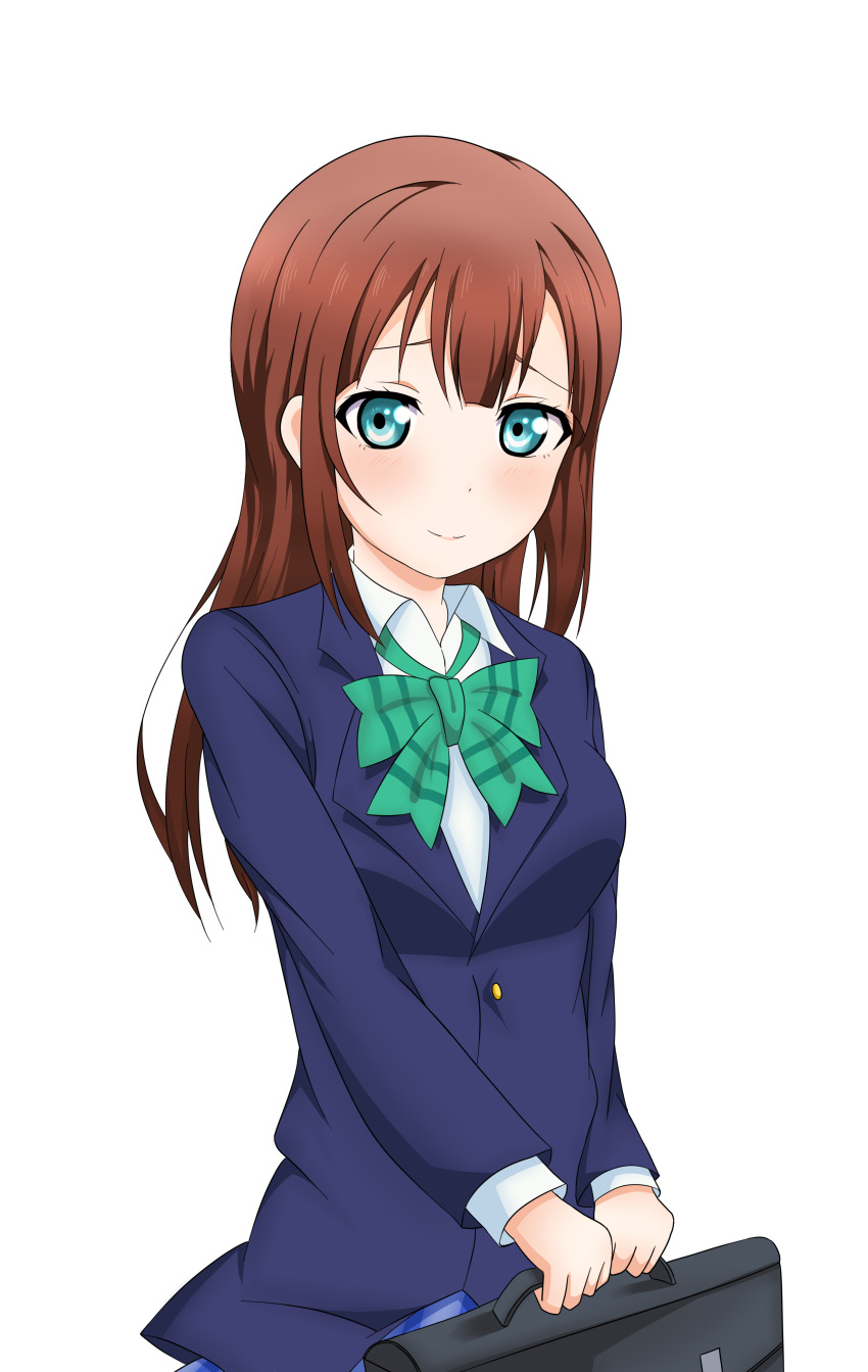 1girl, absurdres, alternate_hair_length, alternate_hairstyle, bag, blue_eyes, blush, bow, highres, kousaka_yukiho, long_hair, looking_at_viewer, love_live!_school_idol_project, school_bag, school_uniform, smile, solo, white_background, wkdnlwoddl