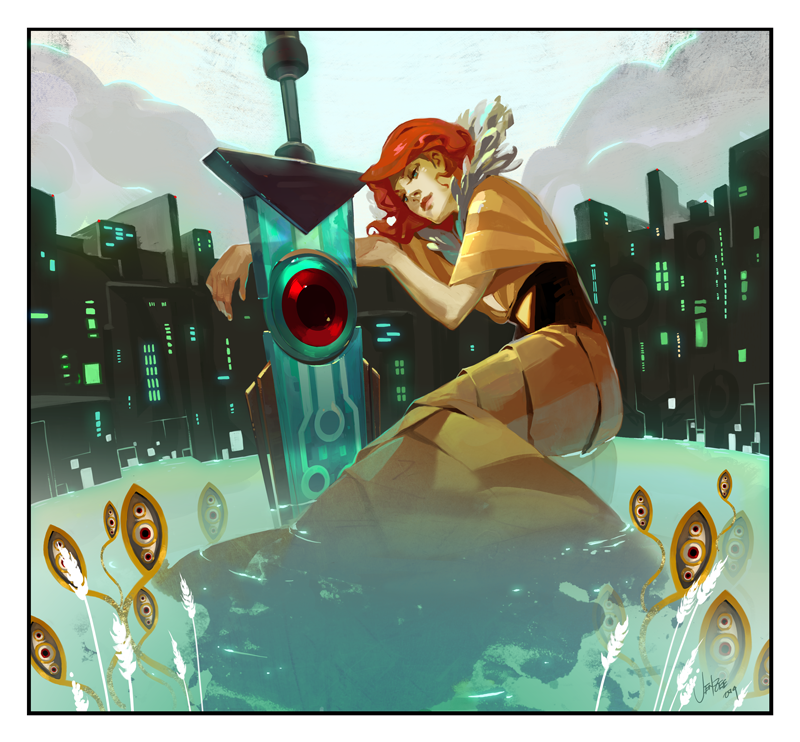 1girl, black_border, cityscape, dress, jen_zee, official_art, red_(transistor), redhead