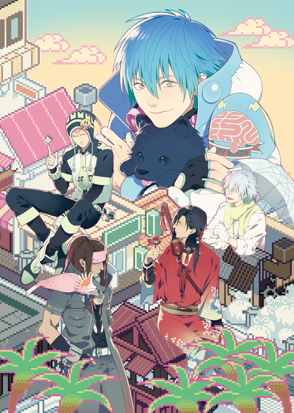 5boys, badge, beni_(dramatical_murder), bird, black_hair, blonde_hair, blue_hair, brown_hair