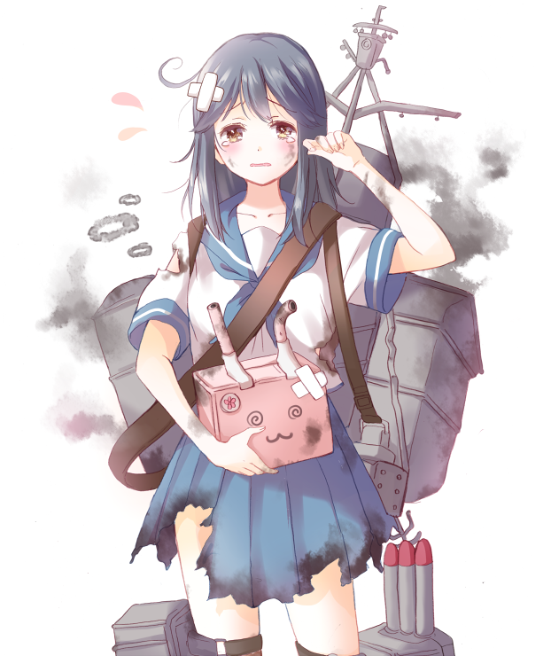 1girl, :3, @_@, ahoge, bandages, black_hair, blush, damaged