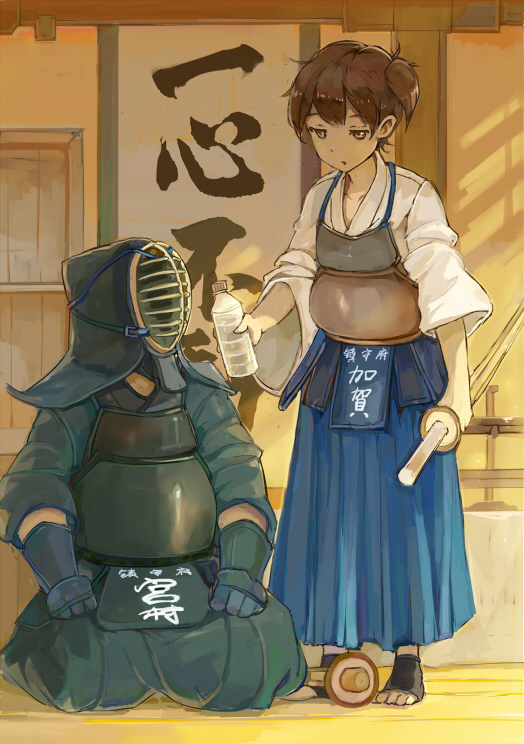 1boy, 1girl, bottle, breasts, brown_eyes, brown_hair, dojo, hakama