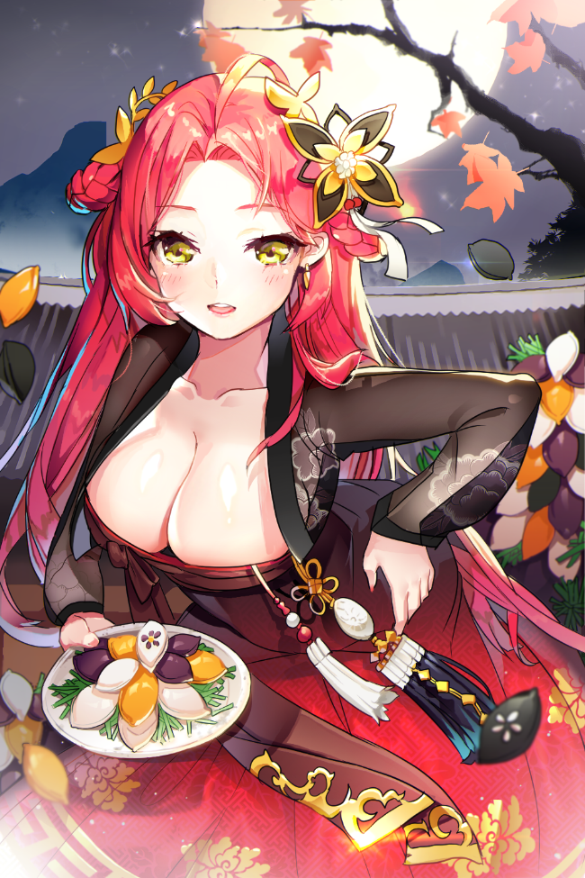 1girl, ahoge, braid, breasts, character_request, cleavage, collarbone, earrings