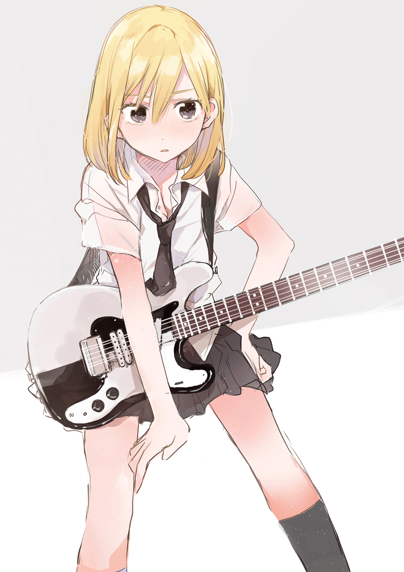 1girl, blonde_hair, brown_eyes, copyright_request, fly_333, guitar, instrument, kneehighs