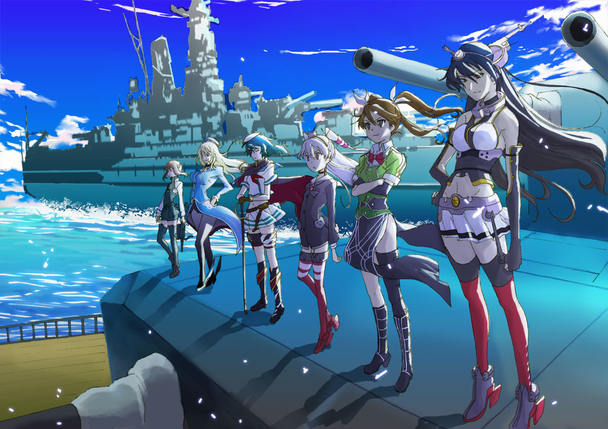 6+girls, amatsukaze_(kantai_collection), atago_(kantai_collection), bike_shorts, black_hair, blonde_hair, breasts, brown_eyes, brown_hair, crossed_arms, garter_straps, gloves, hair_ribbon, hat, headband, headgear, johnnysendai, kantai_collection, kiso_(kantai_collection), long_hair, multiple_girls, nagato_(kantai_collection), one_piece, parody, ribbon, school_uniform, serafuku, short_hair, silver_hair, striped, striped_legwear, taihou_(kantai_collection), thigh-highs, tone_(kantai_collection), twintails