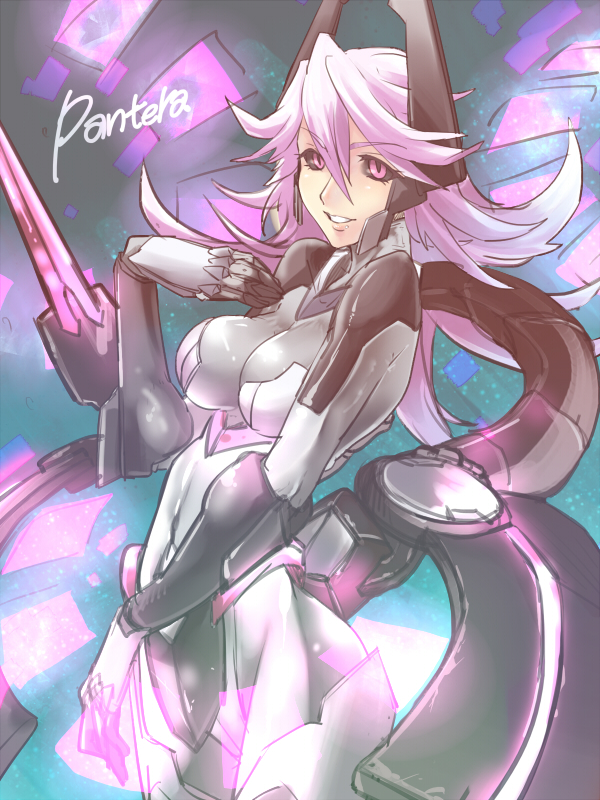 armor, azure_striker_gunvolt, black_sclera, bodysuit, pantera_(gunvolt), pink_eyes, pink_hair, ran_komomo