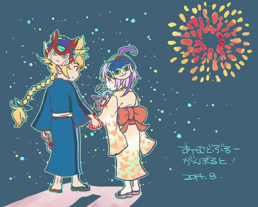 azure_striker_gunvolt, beck_(mighty_no._9), blonde_hair, doll, ekoro_(gal_gun), fireworks, gal_gun, gunvolt