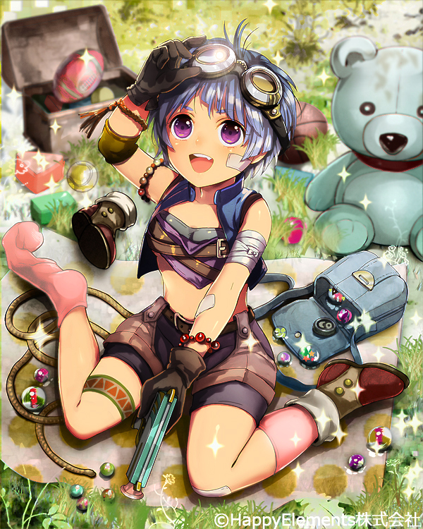 1girl, :d, bag, black_gloves, blurry, depth_of_field, gloves, goggles